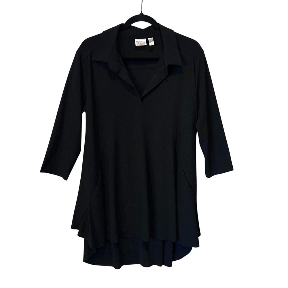 Women w Control Black 3/4 Sleeve Split Neck Tunic Top Closet Staple Size Medium